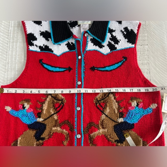 Vintage NWT Deadstock Hand Knit Western Sweater Vest Red Rodeo Horse Womens L - Picture 3 of 8